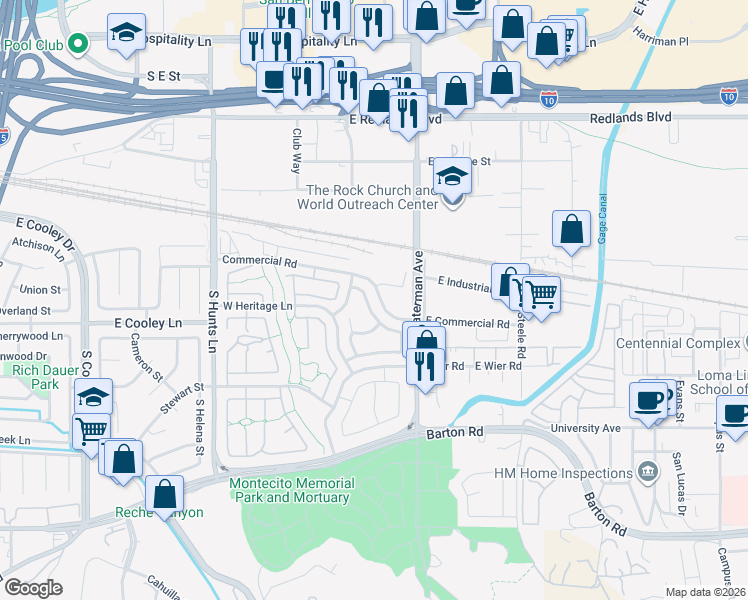 map of restaurants, bars, coffee shops, grocery stores, and more near 236 East Manchester Lane in San Bernardino