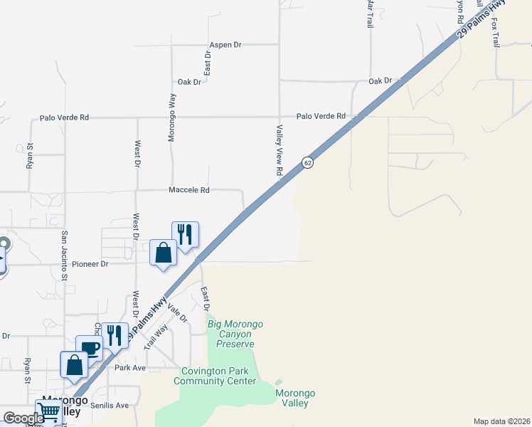 map of restaurants, bars, coffee shops, grocery stores, and more near 50253 29 Palms Highway in Morongo Valley