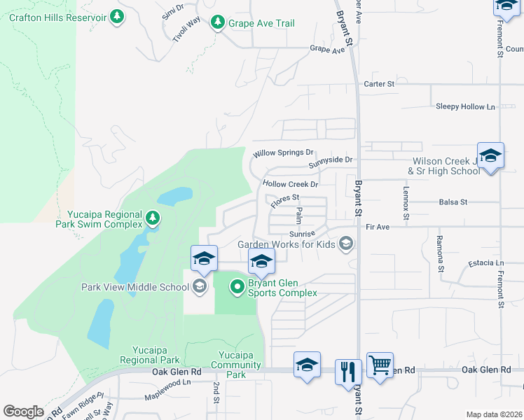 map of restaurants, bars, coffee shops, grocery stores, and more near 10857 Sunnyside Drive in Yucaipa