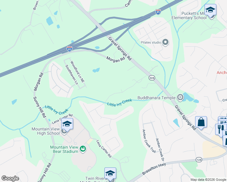 map of restaurants, bars, coffee shops, grocery stores, and more near 2400 Kirkstone Drive in Buford