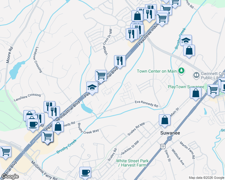 map of restaurants, bars, coffee shops, grocery stores, and more near 760 Peachtree Industrial Boulevard in Suwanee