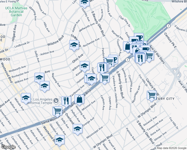 map of restaurants, bars, coffee shops, grocery stores, and more near 10501 Eastborne Avenue in Los Angeles