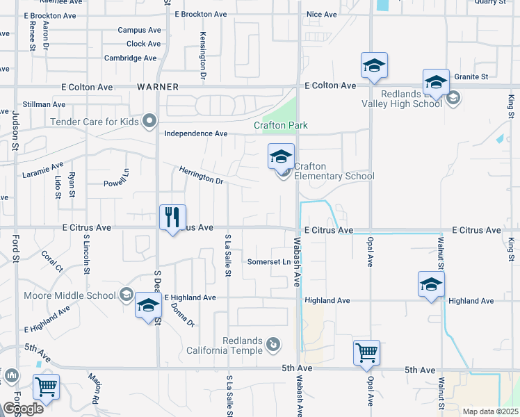 map of restaurants, bars, coffee shops, grocery stores, and more near 43 Valencia Lane in Redlands