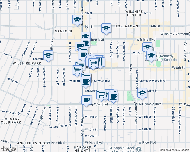 map of restaurants, bars, coffee shops, grocery stores, and more near 854 South Serrano Avenue in Los Angeles