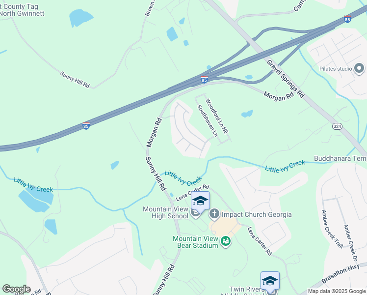 map of restaurants, bars, coffee shops, grocery stores, and more near 2342 Valley Mill Court Northeast in Buford