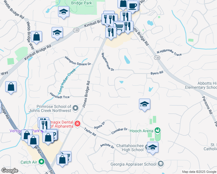 map of restaurants, bars, coffee shops, grocery stores, and more near 275 Ambleside Chase in Alpharetta