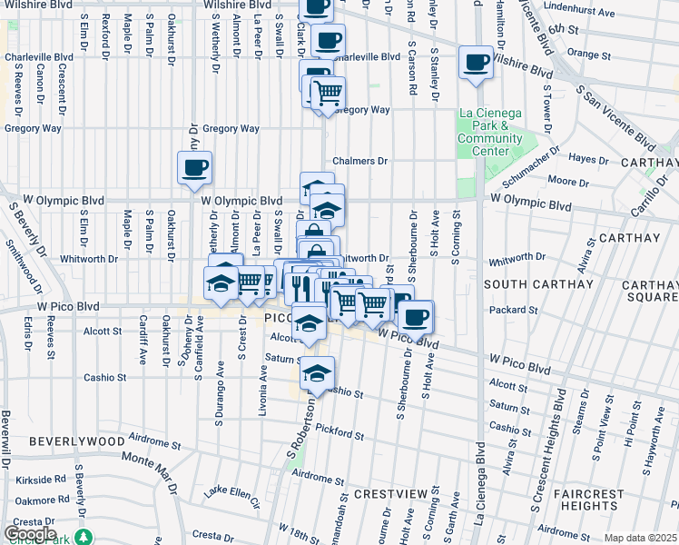 map of restaurants, bars, coffee shops, grocery stores, and more near 1117 South Wooster Street in Los Angeles