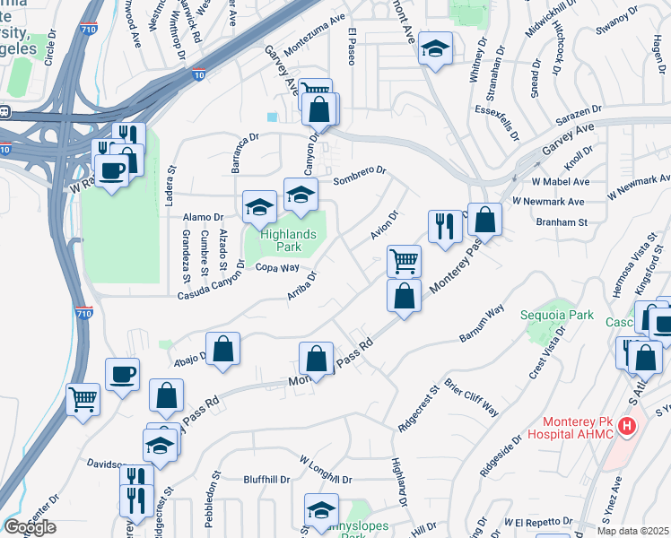 map of restaurants, bars, coffee shops, grocery stores, and more near 477 Elevado Terrace in Monterey Park
