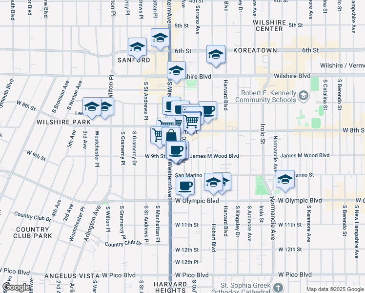 map of restaurants, bars, coffee shops, grocery stores, and more near 855 South Oxford Avenue in Los Angeles