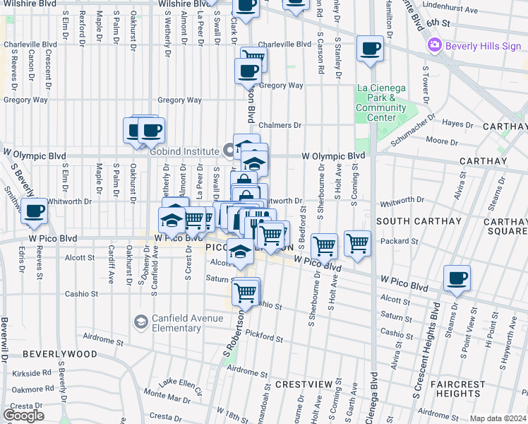 map of restaurants, bars, coffee shops, grocery stores, and more near 1117 South Wooster Street in Los Angeles