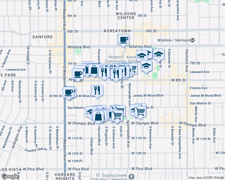 map of restaurants, bars, coffee shops, grocery stores, and more near 869 South Ardmore Avenue in Los Angeles