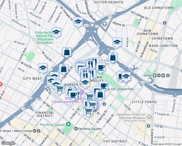 map of restaurants, bars, coffee shops, grocery stores, and more near 110 South Grand Avenue in Los Angeles