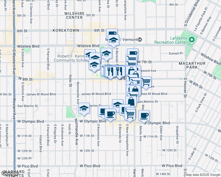 map of restaurants, bars, coffee shops, grocery stores, and more near 840 South Catalina Street in Los Angeles