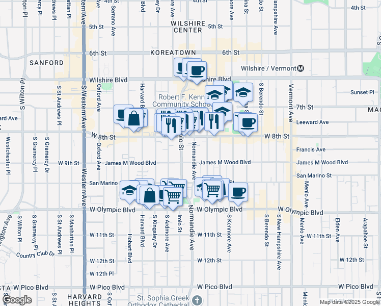 map of restaurants, bars, coffee shops, grocery stores, and more near 3219 James M Wood Boulevard in Los Angeles