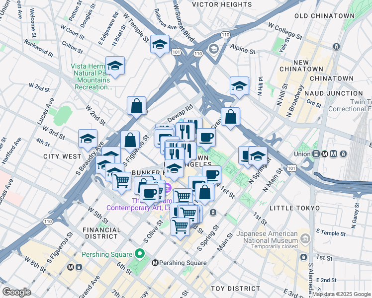 map of restaurants, bars, coffee shops, grocery stores, and more near 110 South Grand Avenue in Los Angeles