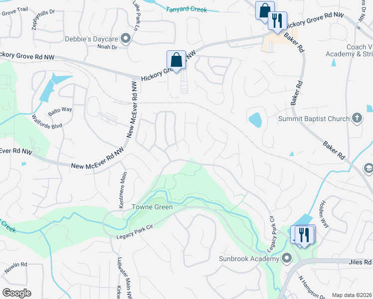 map of restaurants, bars, coffee shops, grocery stores, and more near 4265 Revere Walk in Kennesaw