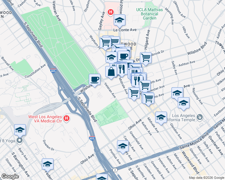 map of restaurants, bars, coffee shops, grocery stores, and more near 1260 Veteran Avenue in Los Angeles