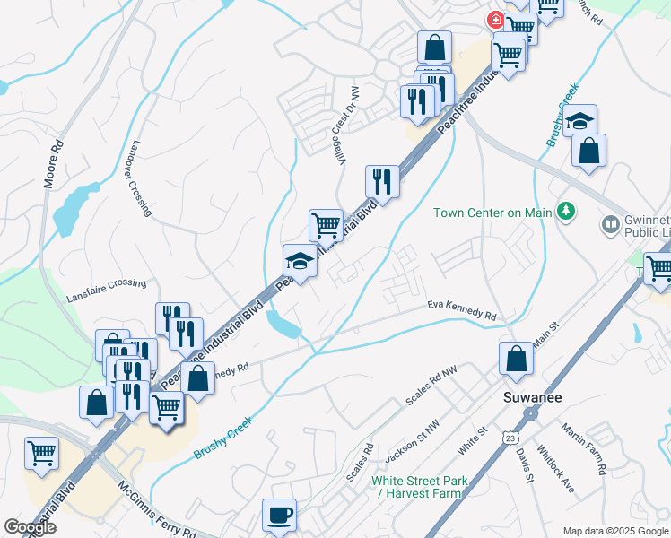 map of restaurants, bars, coffee shops, grocery stores, and more near 701 Eva Kennedy Road in Suwanee