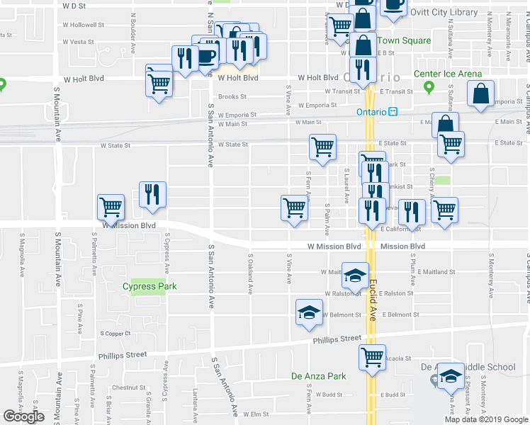 map of restaurants, bars, coffee shops, grocery stores, and more near 539 West Nevada Street in Ontario