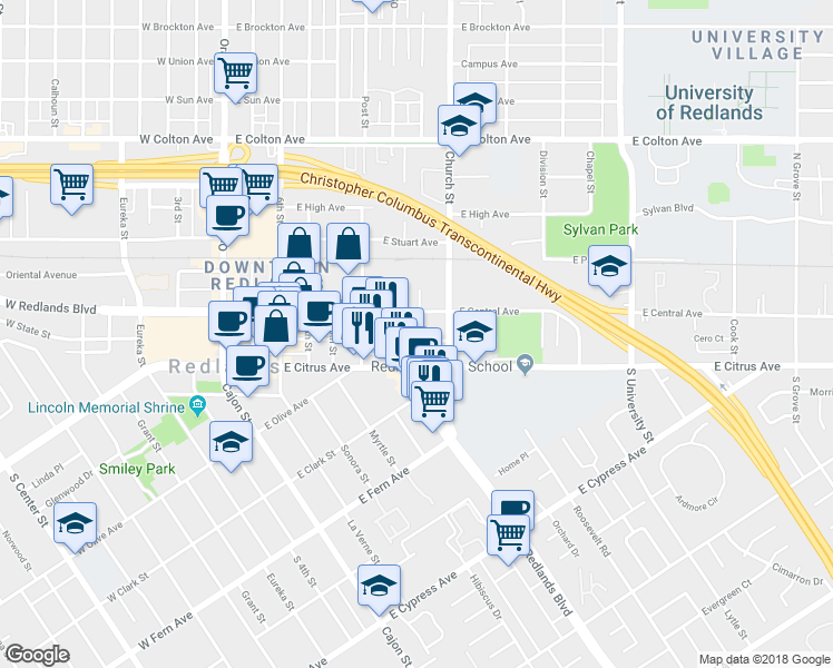 map of restaurants, bars, coffee shops, grocery stores, and more near 103 East 11th Street in Redlands