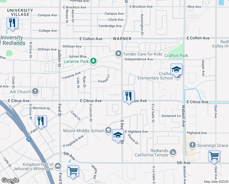 map of restaurants, bars, coffee shops, grocery stores, and more near 1584 Christopher Lane in Redlands