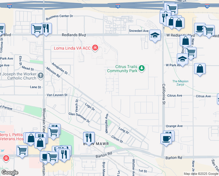 map of restaurants, bars, coffee shops, grocery stores, and more near 10857 Pala Bells Street in Loma Linda