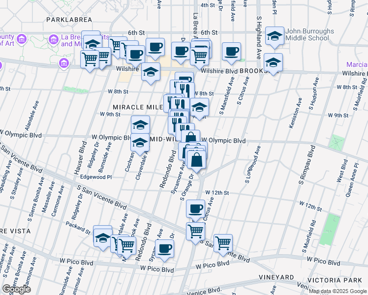 map of restaurants, bars, coffee shops, grocery stores, and more near 1019 South La Brea Avenue in Los Angeles
