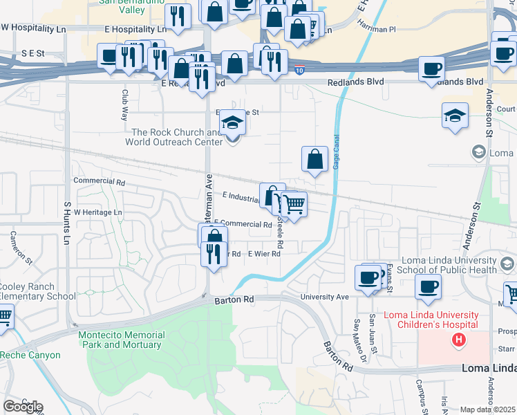 map of restaurants, bars, coffee shops, grocery stores, and more near 423 East Industrial Road in San Bernardino