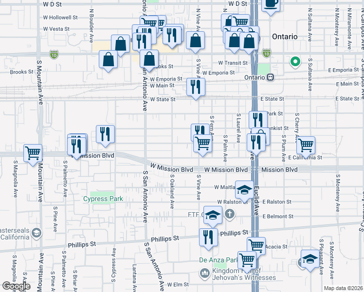 map of restaurants, bars, coffee shops, grocery stores, and more near 539 West Nevada Street in Ontario