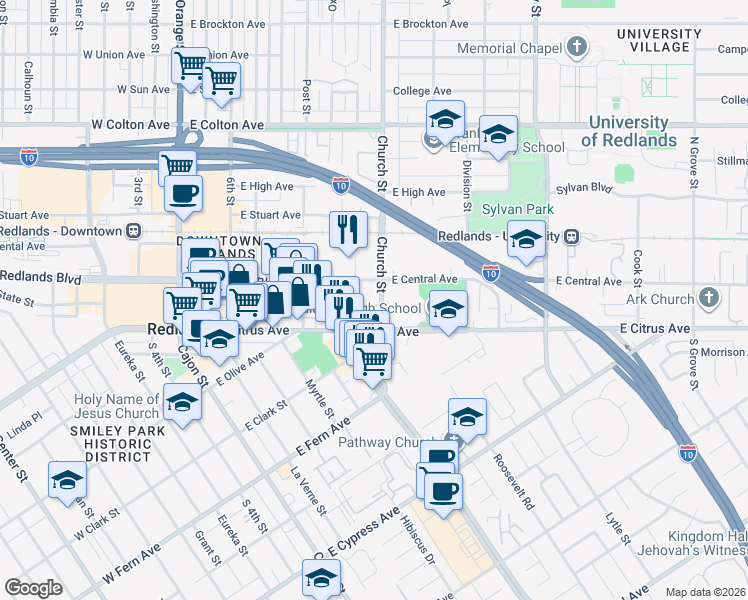 map of restaurants, bars, coffee shops, grocery stores, and more near 721 East State Street in Redlands