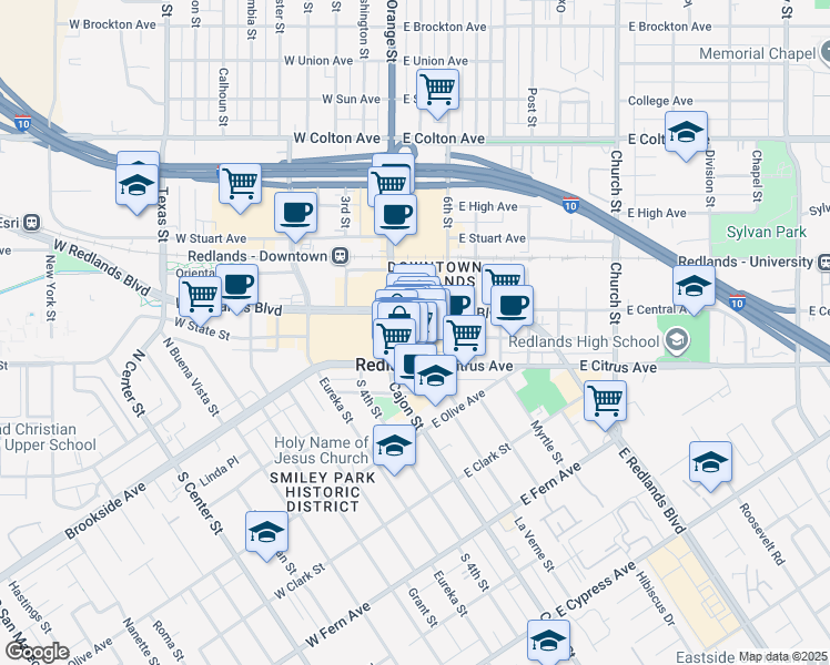 map of restaurants, bars, coffee shops, grocery stores, and more near 109 North 5th Street in Redlands