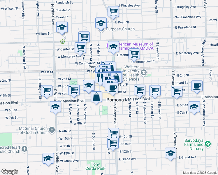 map of restaurants, bars, coffee shops, grocery stores, and more near 395 South Thomas Street in Pomona