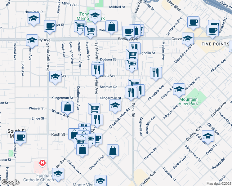 map of restaurants, bars, coffee shops, grocery stores, and more near 11116 Klingerman Street in El Monte