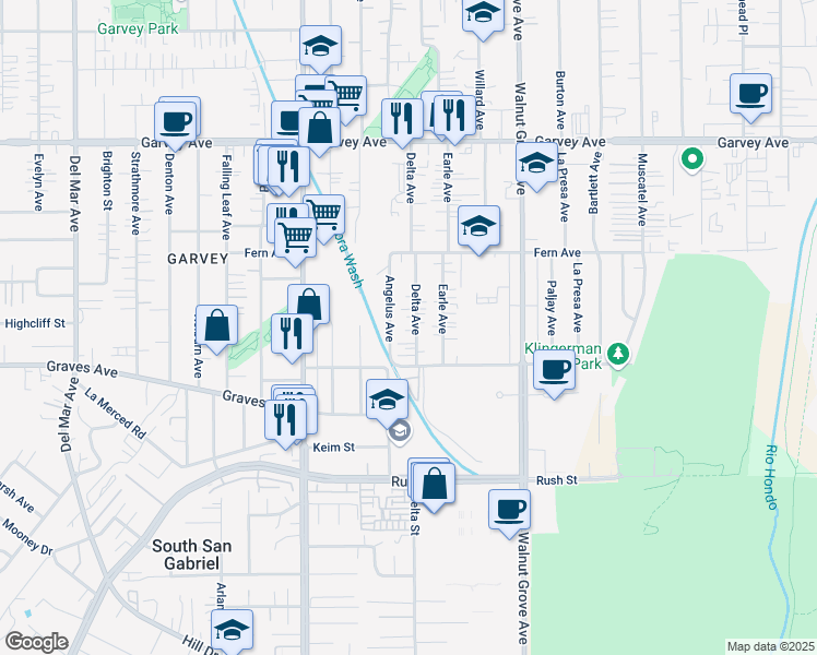 map of restaurants, bars, coffee shops, grocery stores, and more near 2416 Delta Avenue in Rosemead