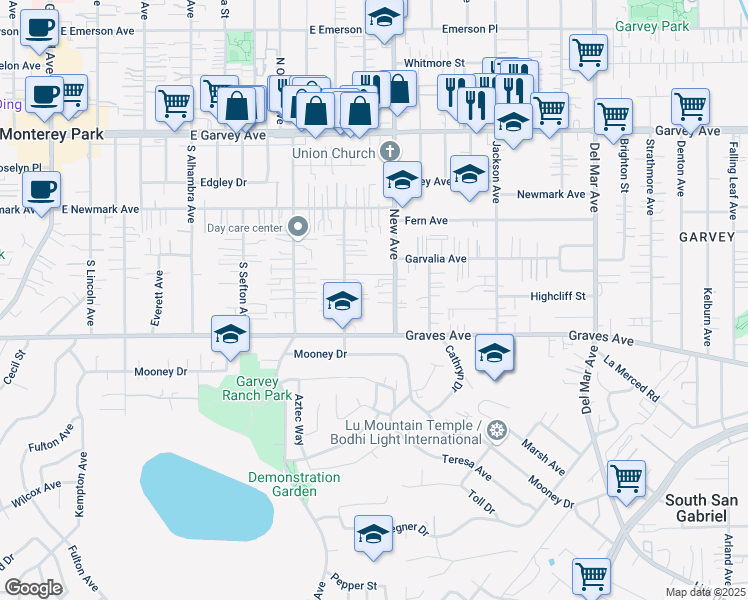map of restaurants, bars, coffee shops, grocery stores, and more near 901 East Graves Avenue in Monterey Park