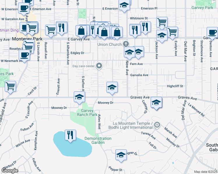 map of restaurants, bars, coffee shops, grocery stores, and more near 524 South Orange Avenue in Monterey Park