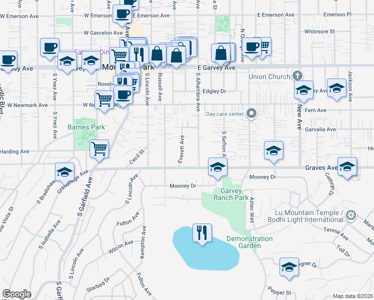 map of restaurants, bars, coffee shops, grocery stores, and more near 523 South Alhambra Avenue in Monterey Park