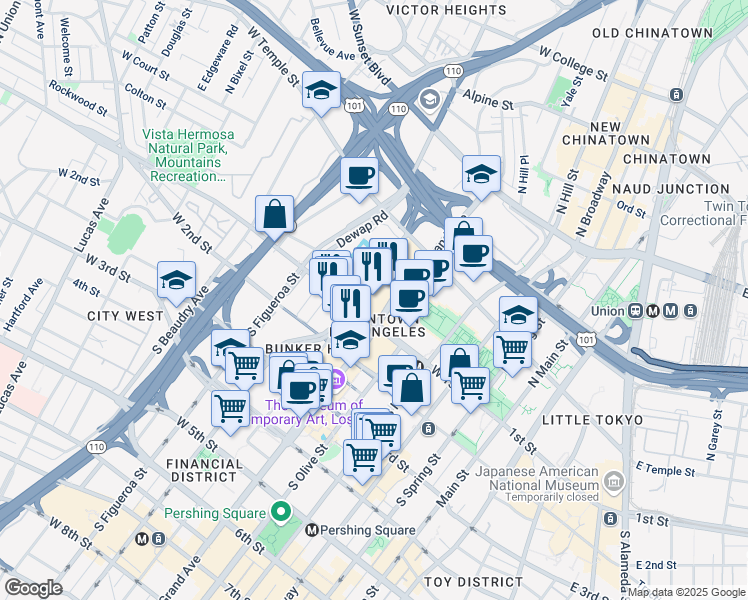 map of restaurants, bars, coffee shops, grocery stores, and more near in Los Angeles