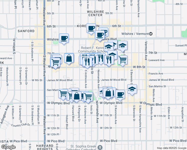 map of restaurants, bars, coffee shops, grocery stores, and more near 3219 James M Wood Boulevard in Los Angeles