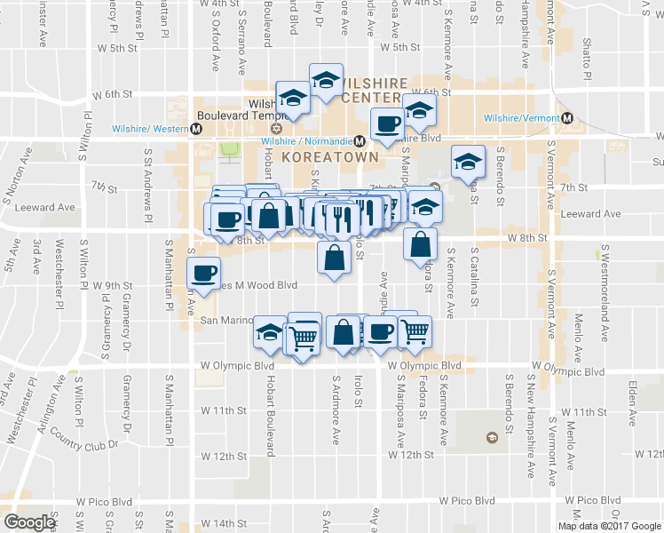 map of restaurants, bars, coffee shops, grocery stores, and more near 869 South Ardmore Avenue in Los Angeles