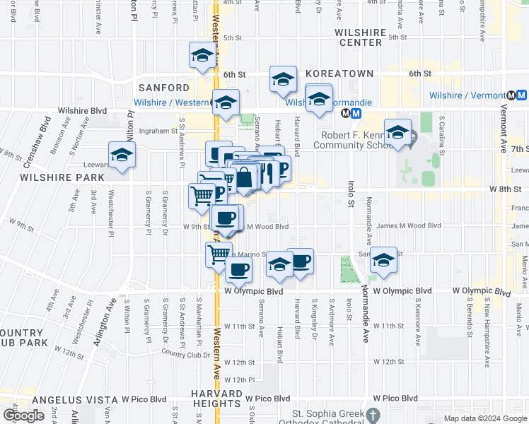 map of restaurants, bars, coffee shops, grocery stores, and more near 854 South Serrano Avenue in Los Angeles
