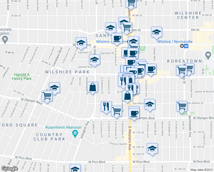 map of restaurants, bars, coffee shops, grocery stores, and more near 871 South Gramercy Drive in Los Angeles