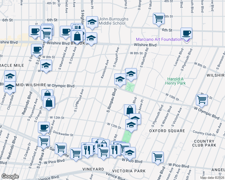 map of restaurants, bars, coffee shops, grocery stores, and more near 1026 South Hudson Avenue in Los Angeles