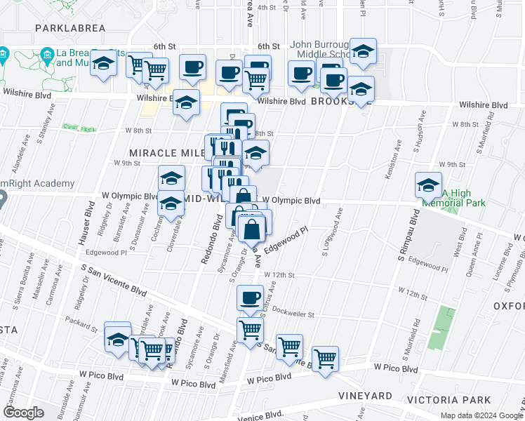 map of restaurants, bars, coffee shops, grocery stores, and more near 1039 South Orange Drive in Los Angeles