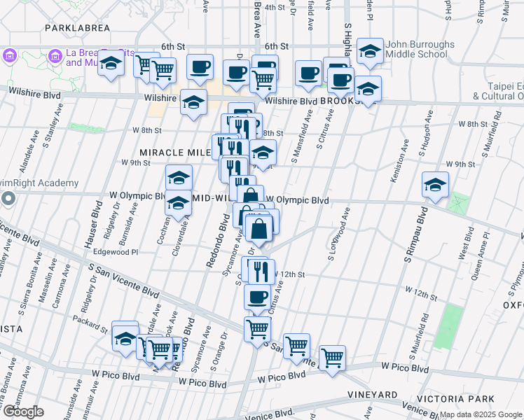 map of restaurants, bars, coffee shops, grocery stores, and more near 1039 South Orange Drive in Los Angeles