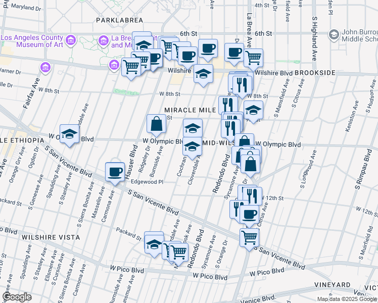 map of restaurants, bars, coffee shops, grocery stores, and more near 1039 South Cloverdale Avenue in Los Angeles