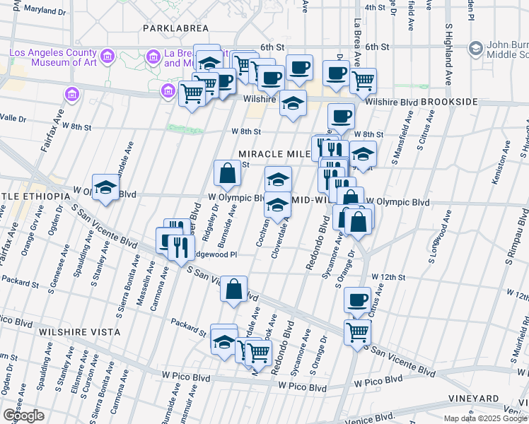 map of restaurants, bars, coffee shops, grocery stores, and more near 1045 South Cochran Avenue in Los Angeles