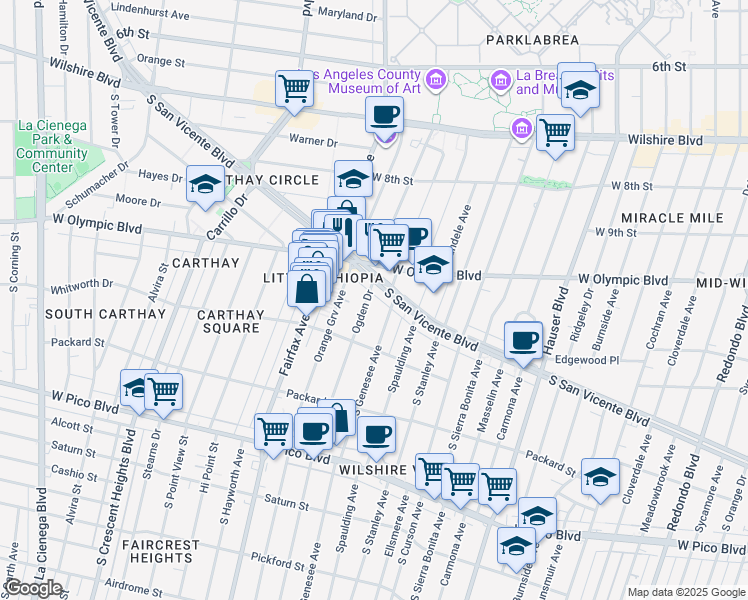 map of restaurants, bars, coffee shops, grocery stores, and more near 1058 South Ogden Drive in Los Angeles