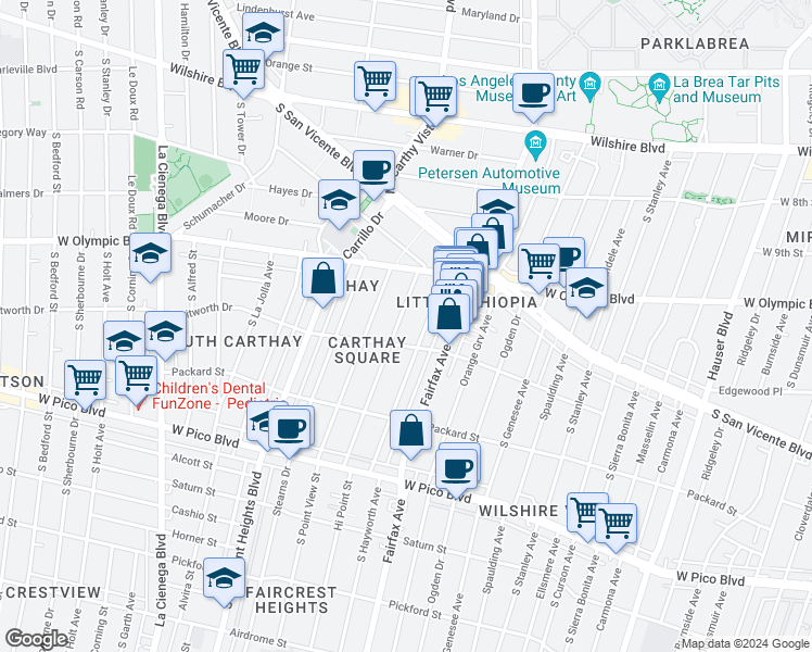 map of restaurants, bars, coffee shops, grocery stores, and more near 6161 Whitworth Drive in Los Angeles