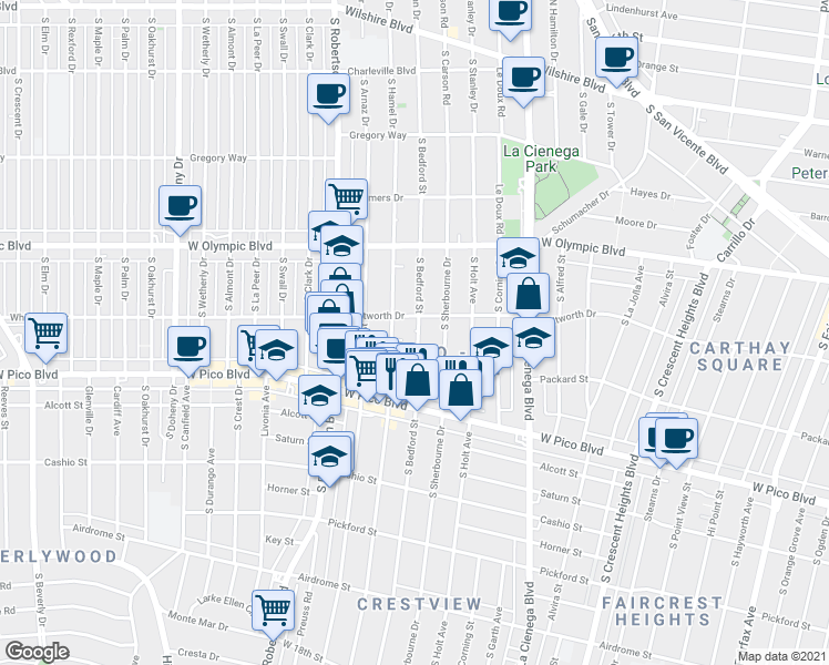 map of restaurants, bars, coffee shops, grocery stores, and more near in Los Angeles
